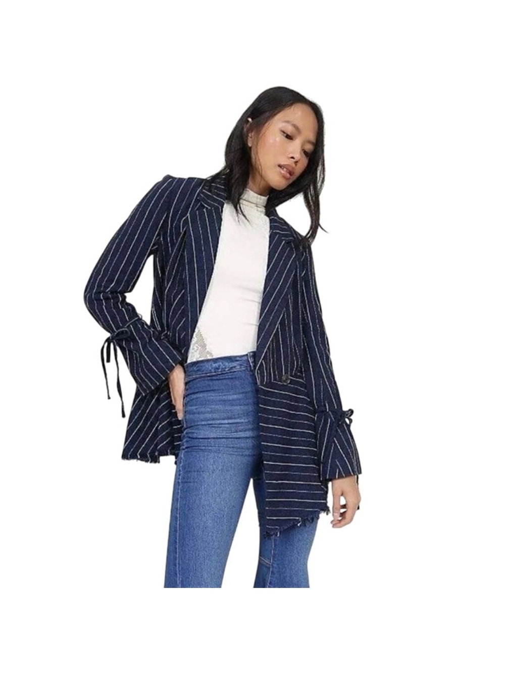 Free People Navy Blue Pinstripe Raw Hem Blazer Jacket – Size XS– Linen Blend